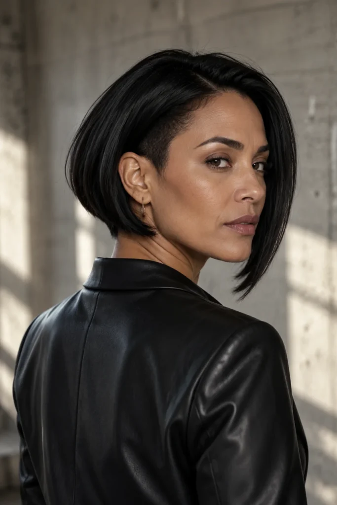 Angled bob haircut with undercut nape for women over 40