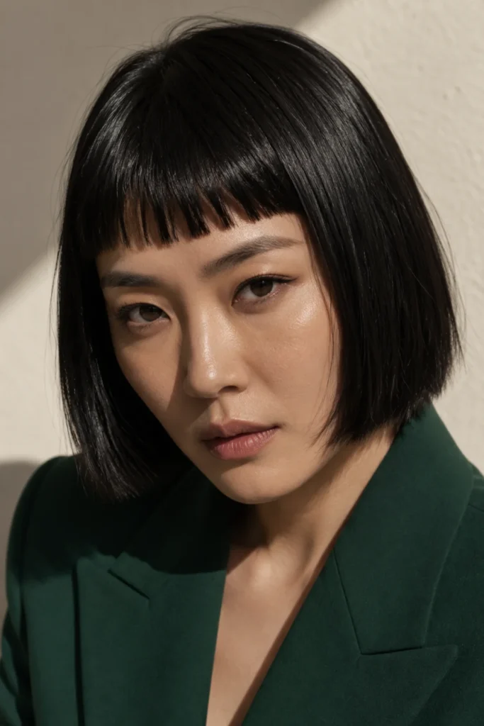 Blunt bob haircut with micro fringe for women over 40
