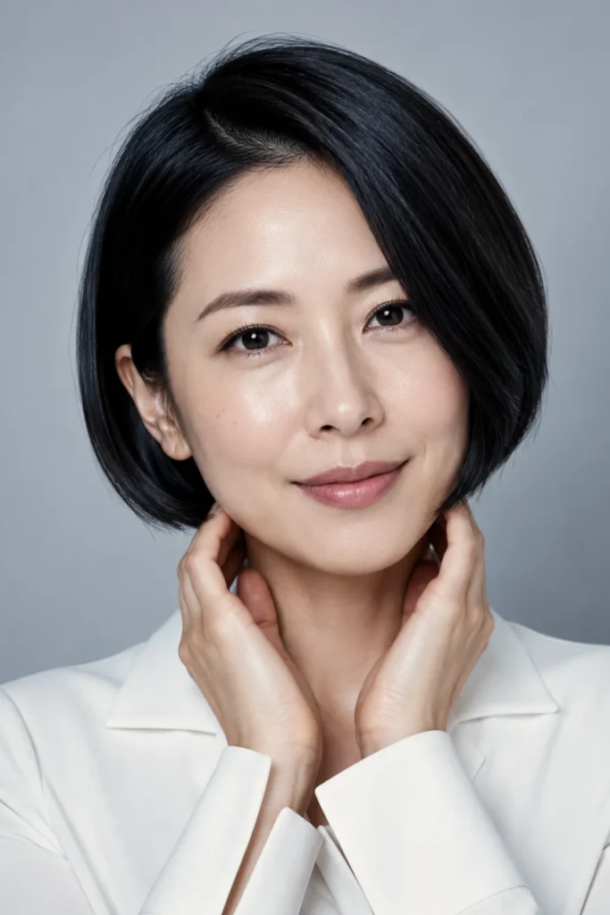 Chin-length bob haircut with side part for women over 40