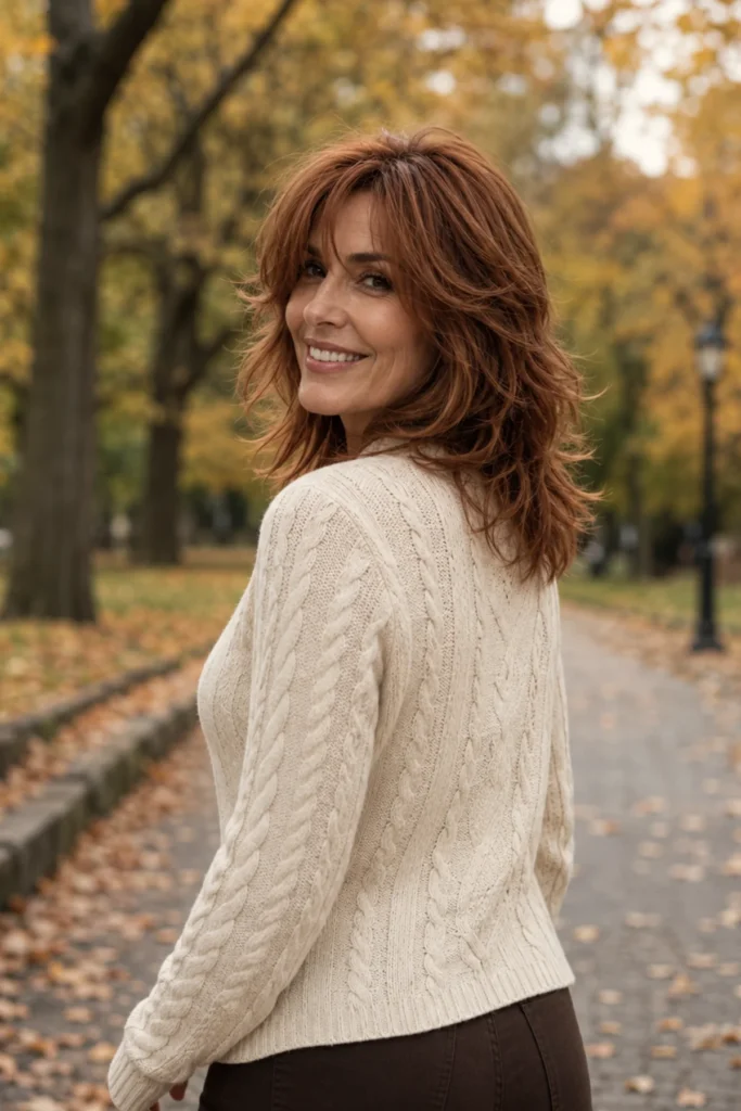 Feathered shag haircut with curtain layers for women over 40