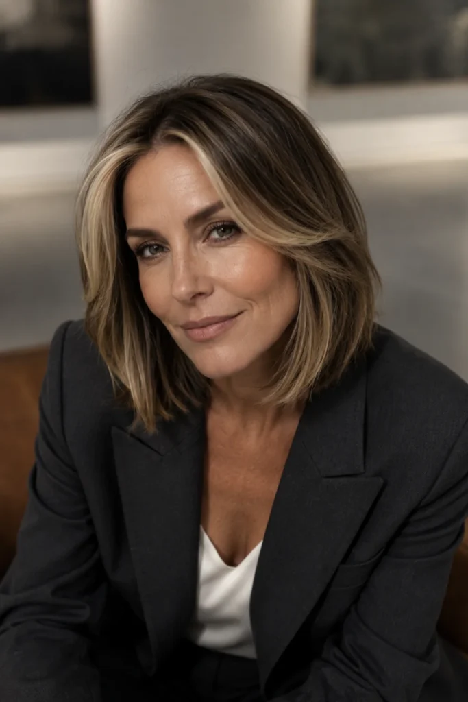 Layered lob haircut with money-piece balayage for women over 40