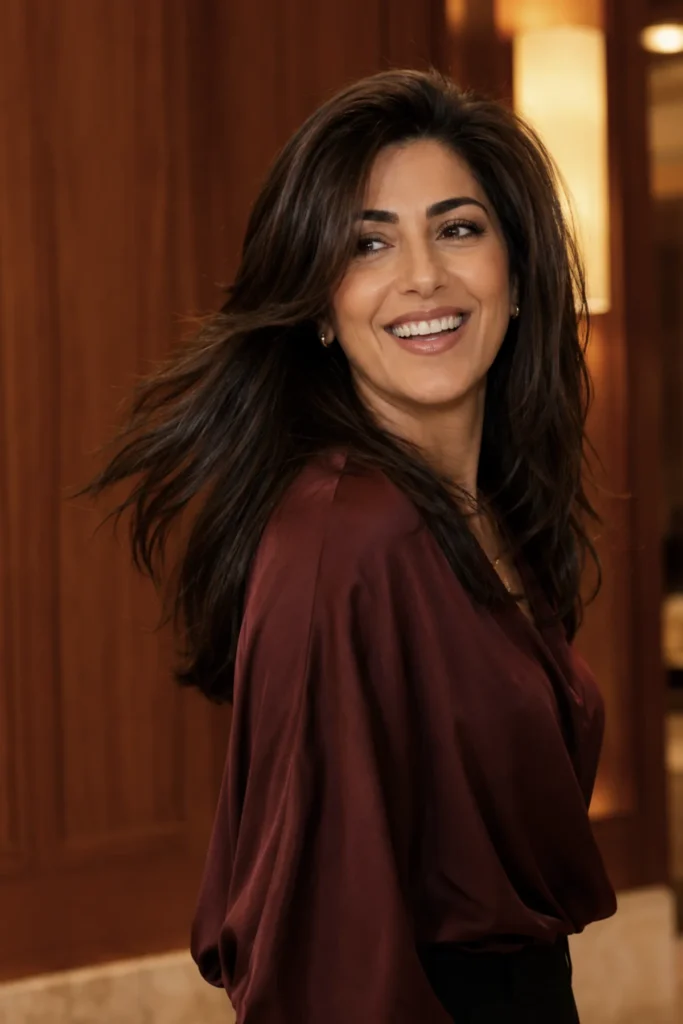 Long layered haircut with root lift for women over 40