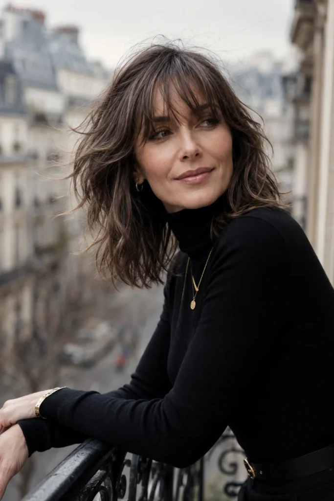 Shoulder-length shag haircut with curtain bangs for women over 40
