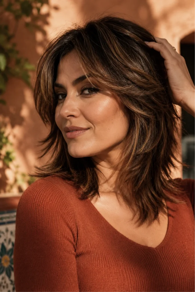 Soft wolf cut haircut at collarbone length for women over 40