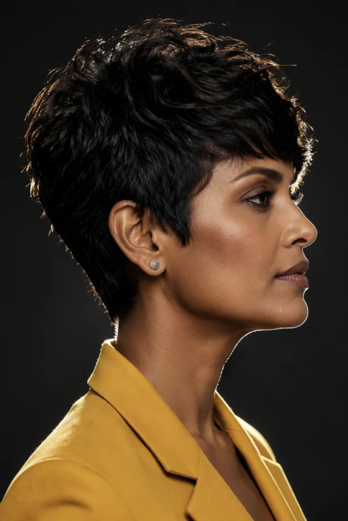 Textured crop haircut with side-swept fringe for women over 40