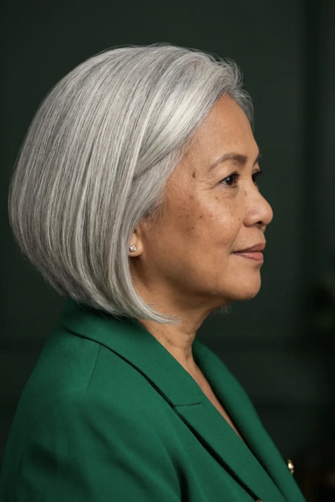 A-line bob on natural silver hair,
longer at the front, shorter at the
back, smooth polished side profile
