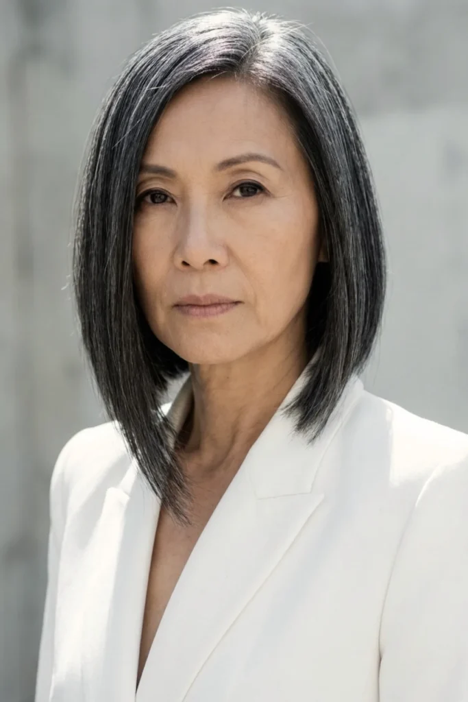 Asymmetrical lob on gray hair, left
side slightly longer, clean angled cut
across the collarbone