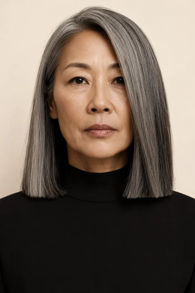 Blunt one-length collarbone cut on
dark natural silver hair, precise hem,
center part, no layering