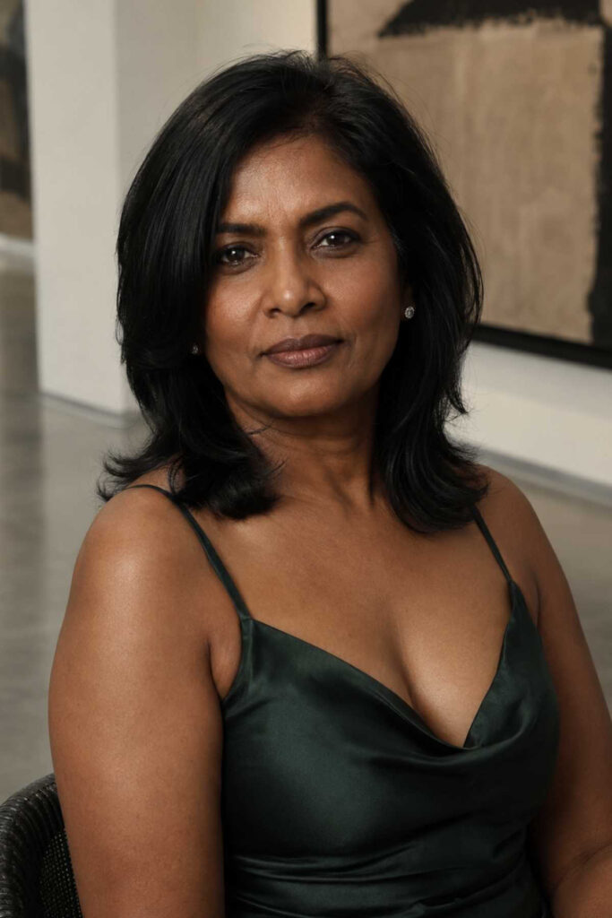 Clavicut haircut with face-framing
pieces on a woman over 50 with thick
dark hair and a square face
