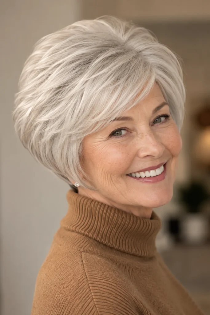 Crown-volume graduated bob on fine
silver-white hair, rounded full crown,
shorter at the nape, smooth finish