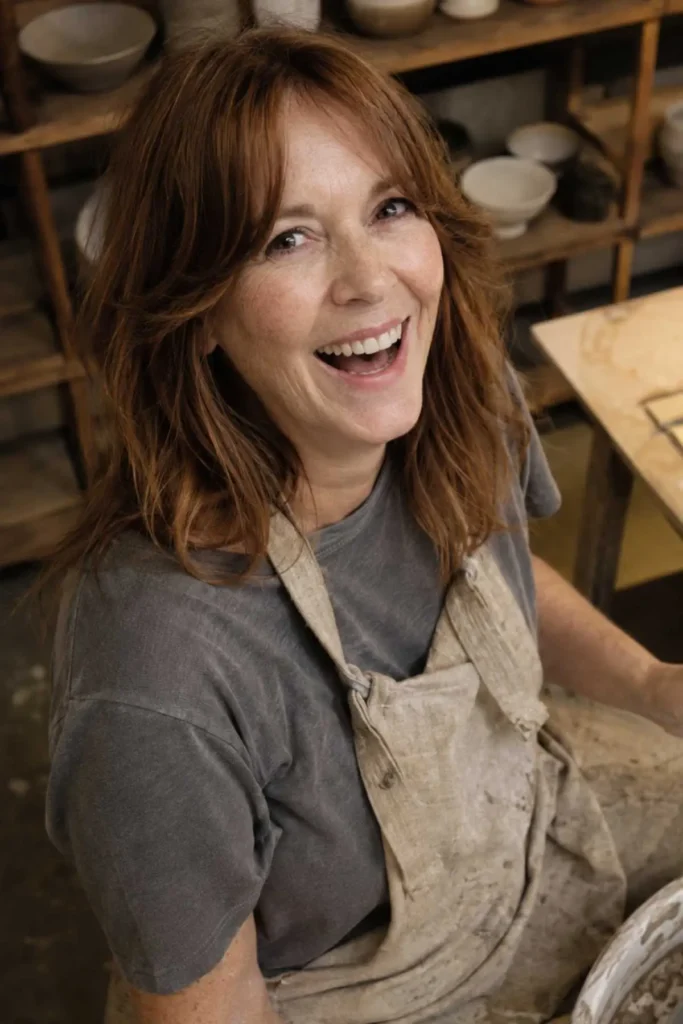 Lob haircut with soft curtain bangs on
a woman over 50 with auburn hair and an
oblong face