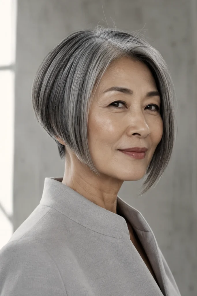 Disconnected bob on gray hair
showing longer front panels and a
closely cut back with a visible break
between sections