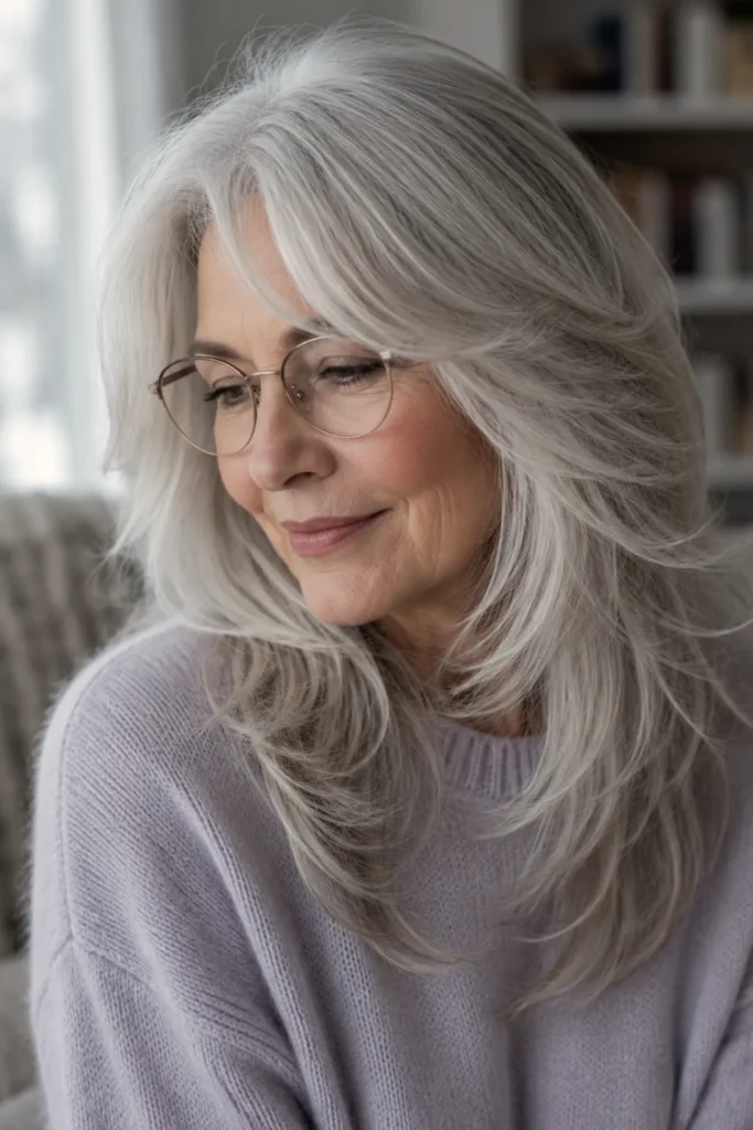 Feathered long cut on fine silver hair
with wispy airy layers throughout
and gentle natural movement