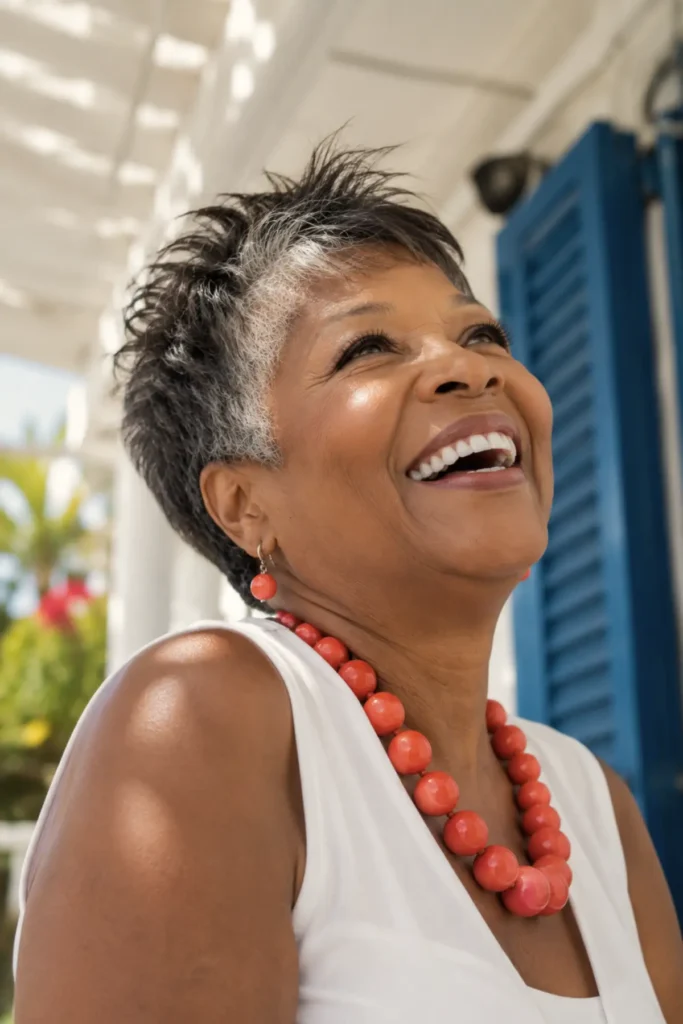 Feathered pixie haircut on fine hair
over 50, warm brown and silver tones,
Caribbean veranda setting