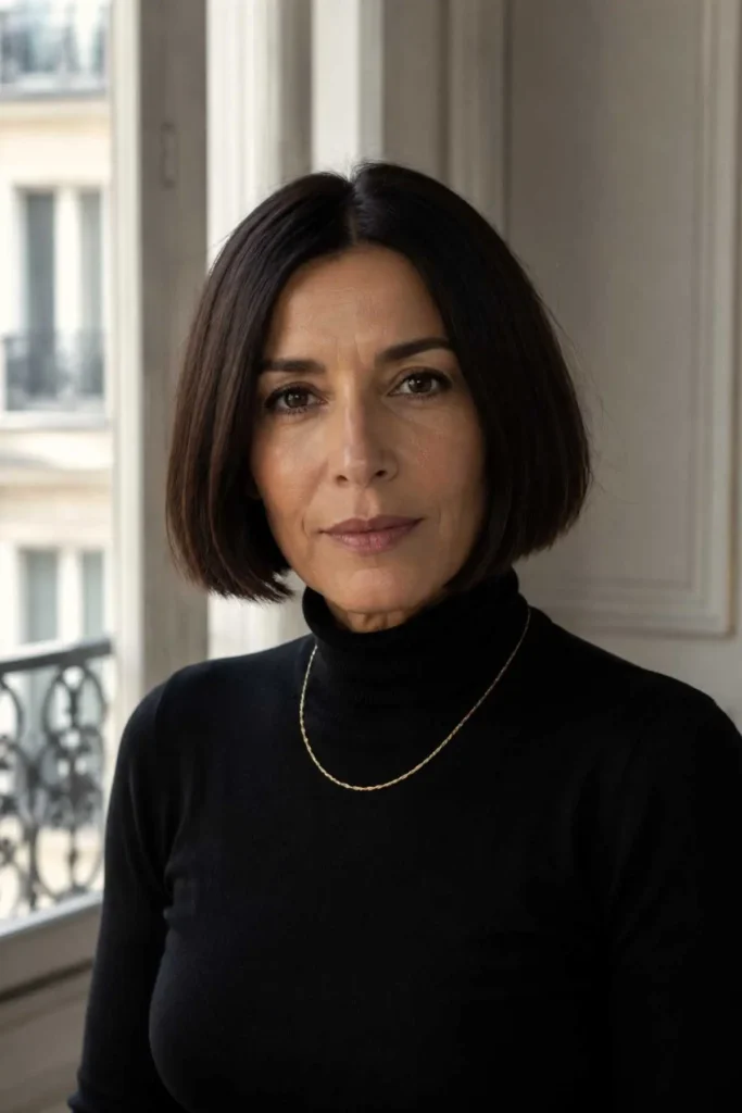 Sharp French bob with a clean blunt
line on a woman over 50 with an oval
face, dark natural hair