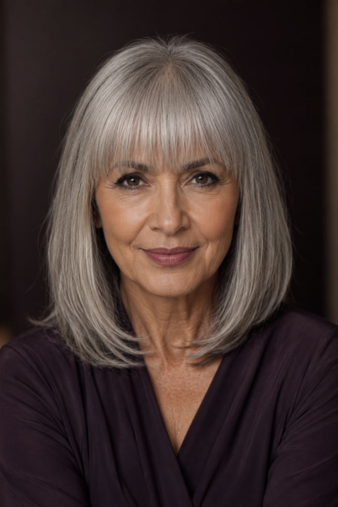 Collarbone-length lob on fine silver
hair with a full straight fringe landing
at the brow