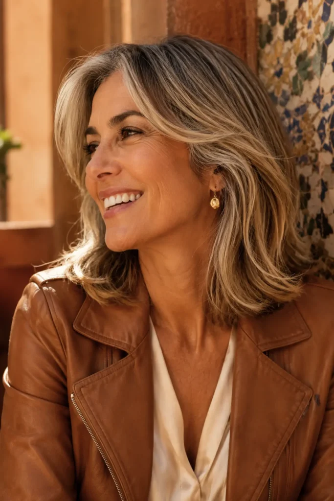 Gray lob with balayage blend from
natural silver root to warm blonde
ends, woman over 50, warm Iberian
interior