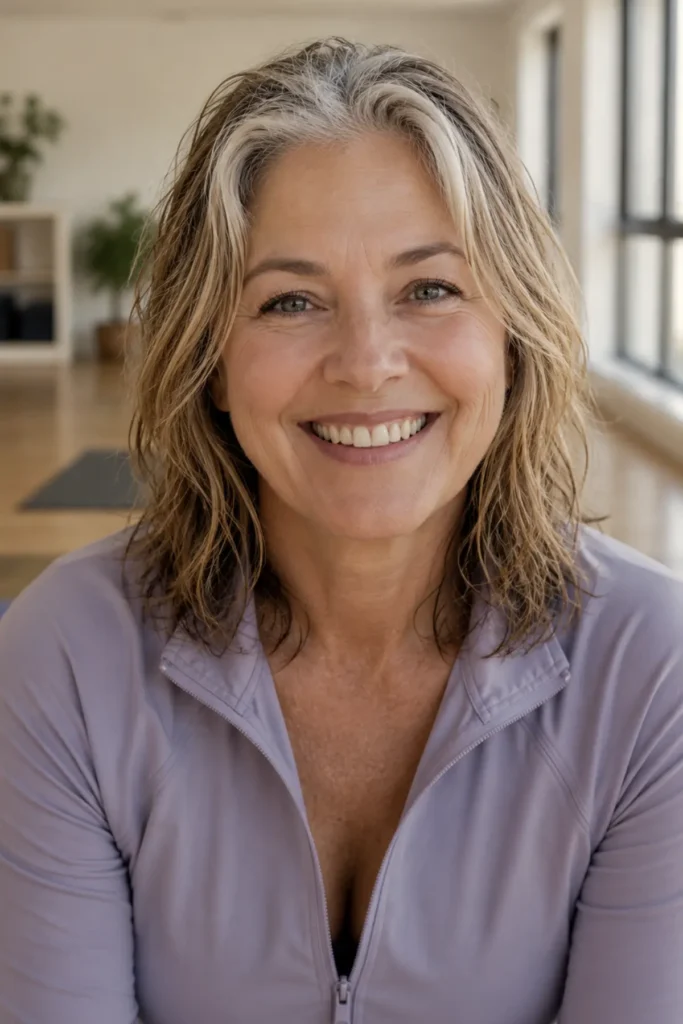 Shoulder-length layered haircut
showing a graceful gray transition,
woman over 50, yoga studio setting