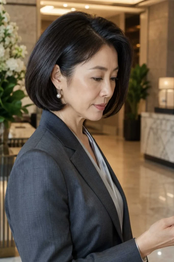 Jaw-length bob with invisible internal
layers on a woman over 50 with straight
thick dark hair