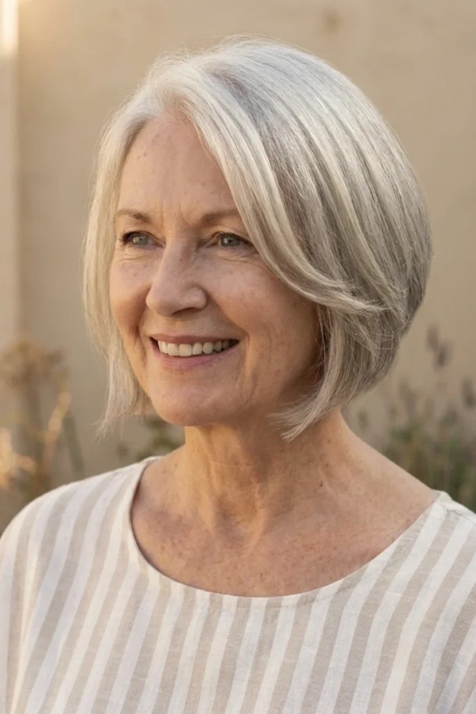 Layered bob on fine gray-white hair
with longer face-framing pieces
pulled forward from the temples