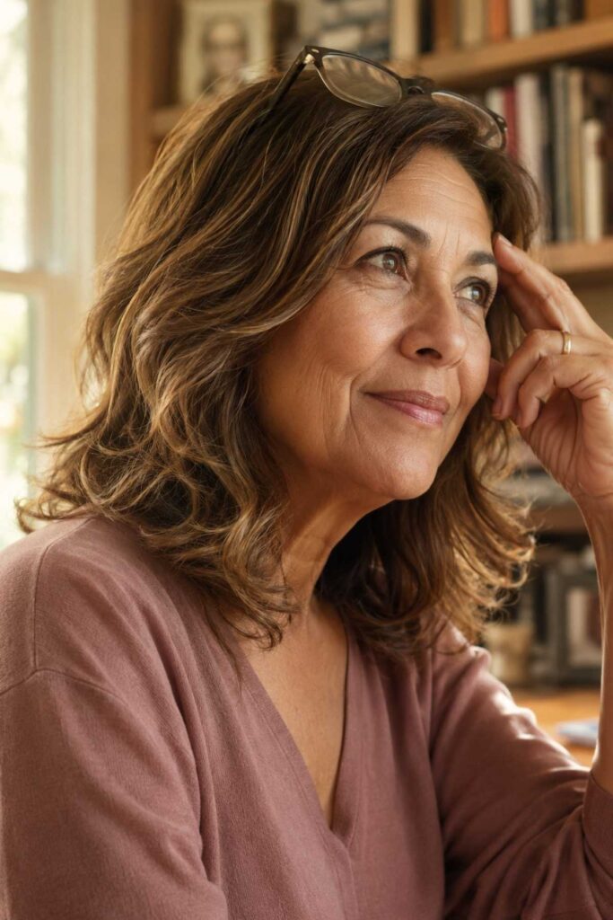 Layered mid-length haircut with honey
balayage on a woman over 50 with fine wavy hair