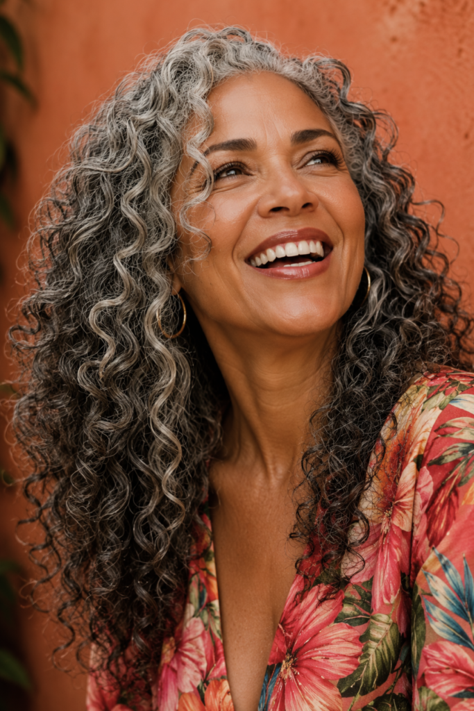  Long curly layered cut on natural
gray curls with defined curl pattern,
soft volume, no frizz