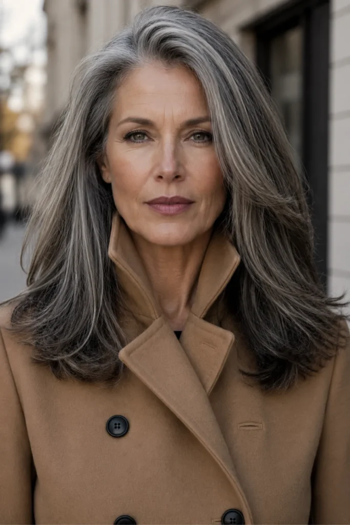 Long layered cut on thick natural
gray hair with interior layers
removing weight, blunt ends retained