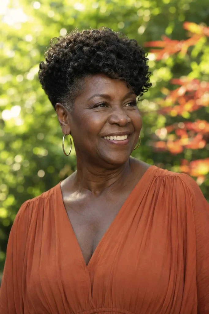 Long pixie haircut with crown volume
and natural coils on a woman over 50,
summer garden setting