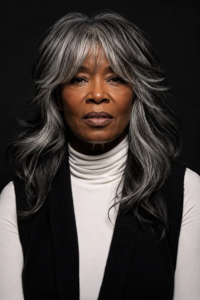 Long shag cut on thick coarse gray
hair with long layers throughout,
curtain fringe, lived-in texture