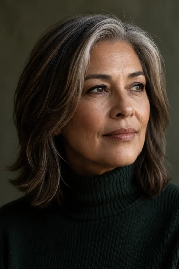 Soft layered collarbone-length lob on
a woman over 60 with silver-streaked
chestnut hair, forest green knit to