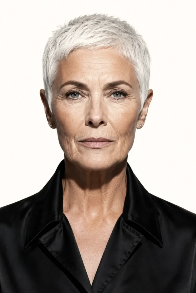 Micro pixie cut on natural white hair,
very close-cropped throughout with
clean tapered sides