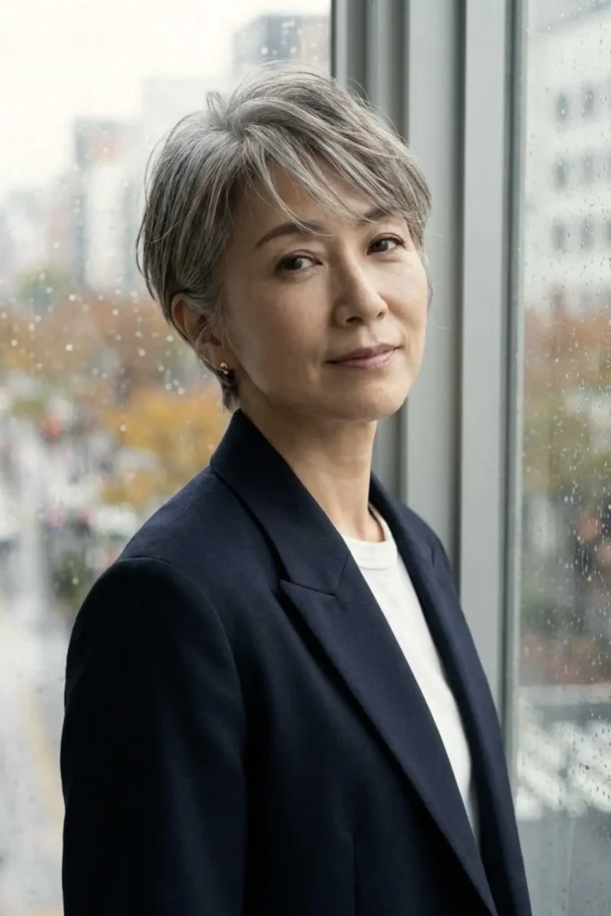 Short textured pixie haircut on a woman over 50 with fine silver-gray hair, styled with tousled volume at the crown