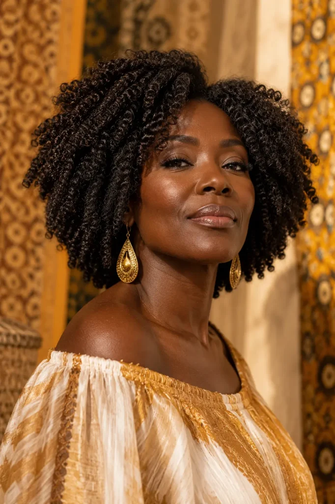 Natural coily lob on 4B/4C hair
texture, woman over 50, defined
spirals, warm Dakar-inspired setting