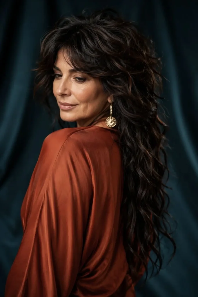 Octopus haircut with full crown volume
and cascading layers on a woman over 50
with thick wavy dark hair