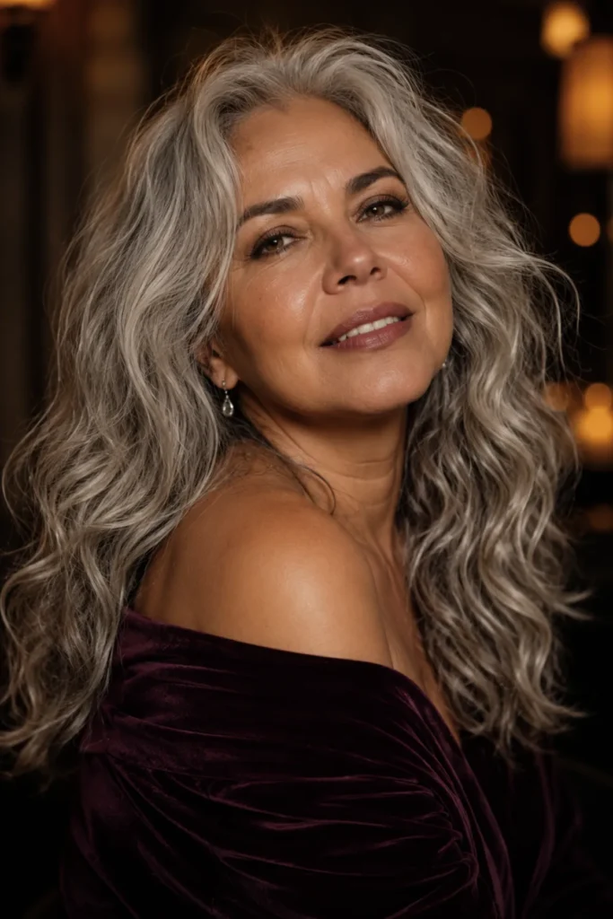 Long romantic waves on naturally
wavy silver hair, loose curl pattern,
voluminous and relaxed