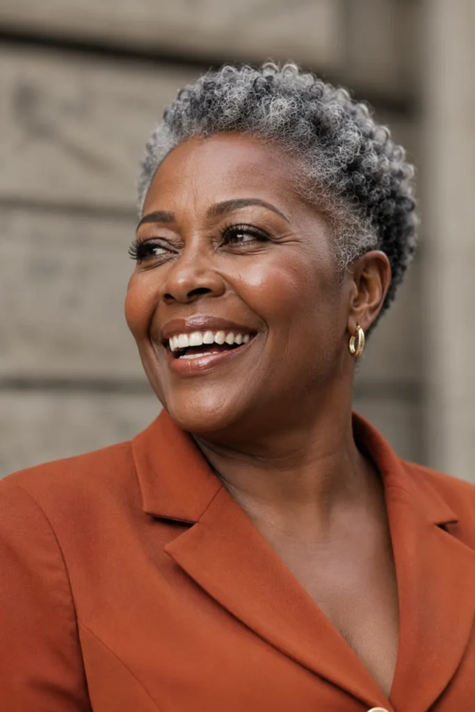 haircuts for women over 60 Short natural-textured pixie on a woman over 60 with silver-tipped coils, confident expression, rust blazer