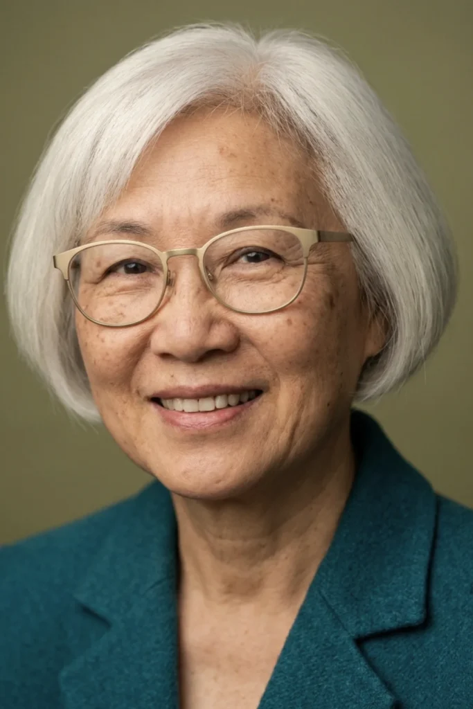 Short rounded bob on fine gray-white
hair, curved ends, smooth blow-dried
finish