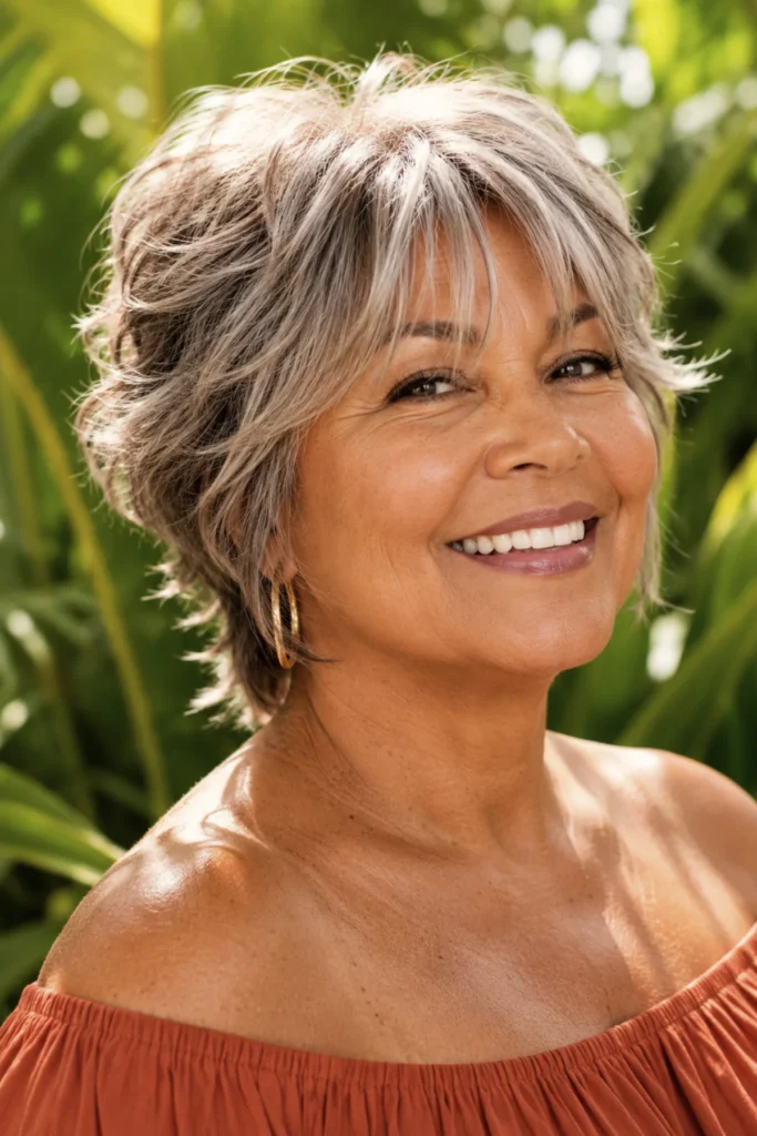 Short shag cut on natural gray hair
with wispy curtain fringe parted in
the middle and feathered layers
throughout