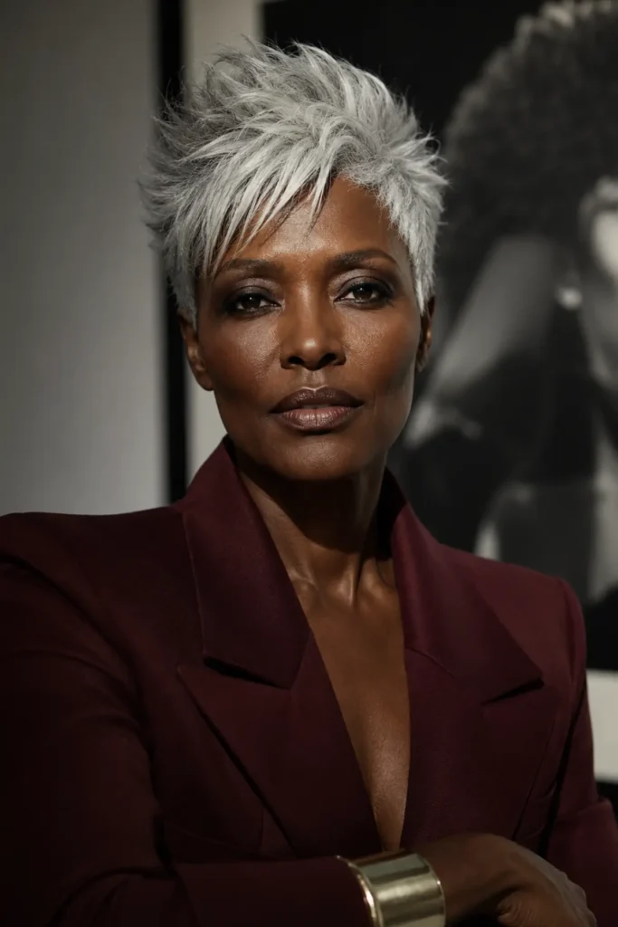 Bold silver pixie haircut fully
embracing natural gray on a woman over
50, London gallery setting