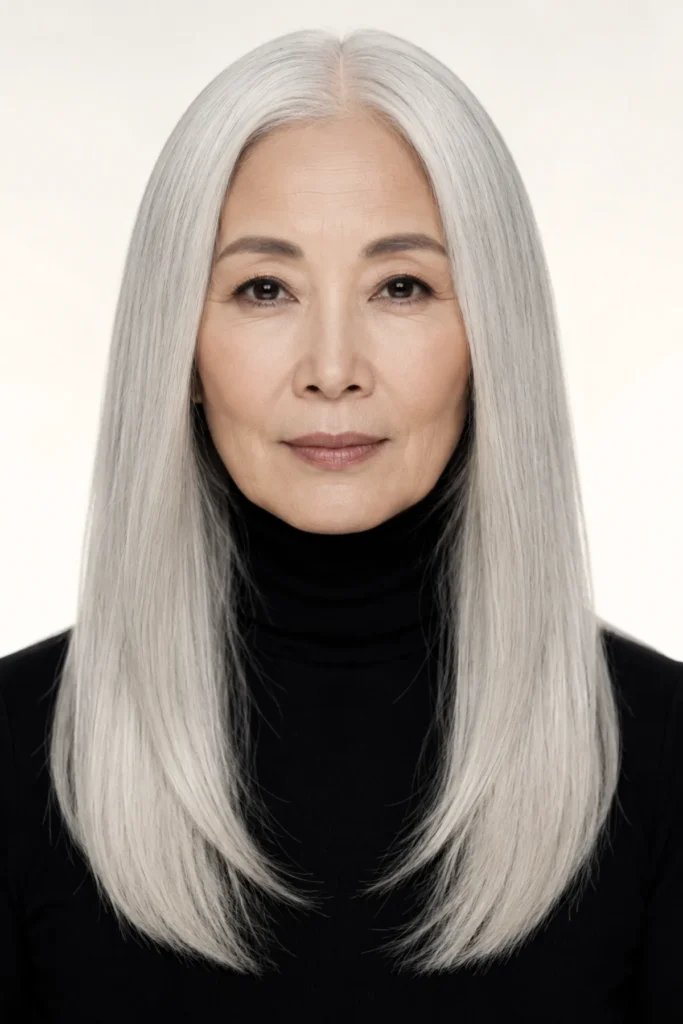 Sleek straight long cut on silver-
white hair, center part, smooth
mirror-finish, collarbone-plus length