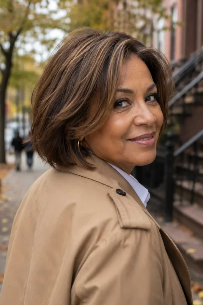 Soft jaw-length bob with feathered
ends on a woman over 50, autumn
Brooklyn street setting, camel coat