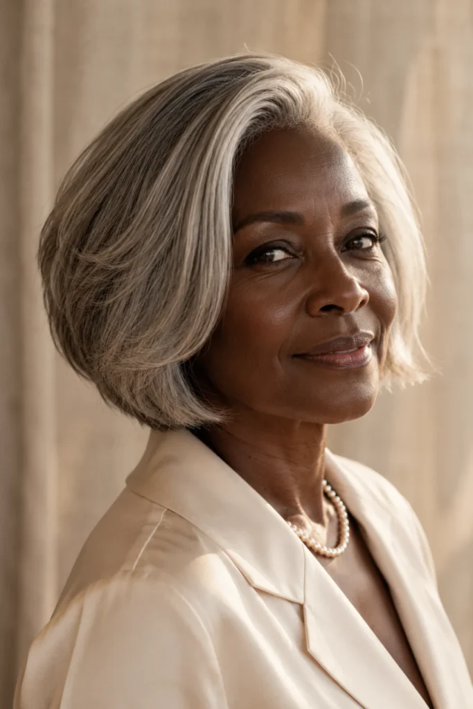 Soft layered chin-length bob on
natural silver hair, gentle movement,
clean natural side part