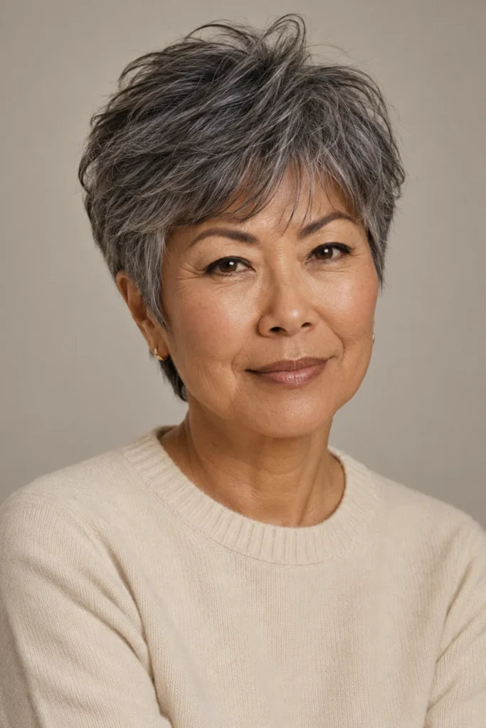 Soft layered pixie cut on gray hair
with longer crown, wispy feathered
sides, and tapered nape
