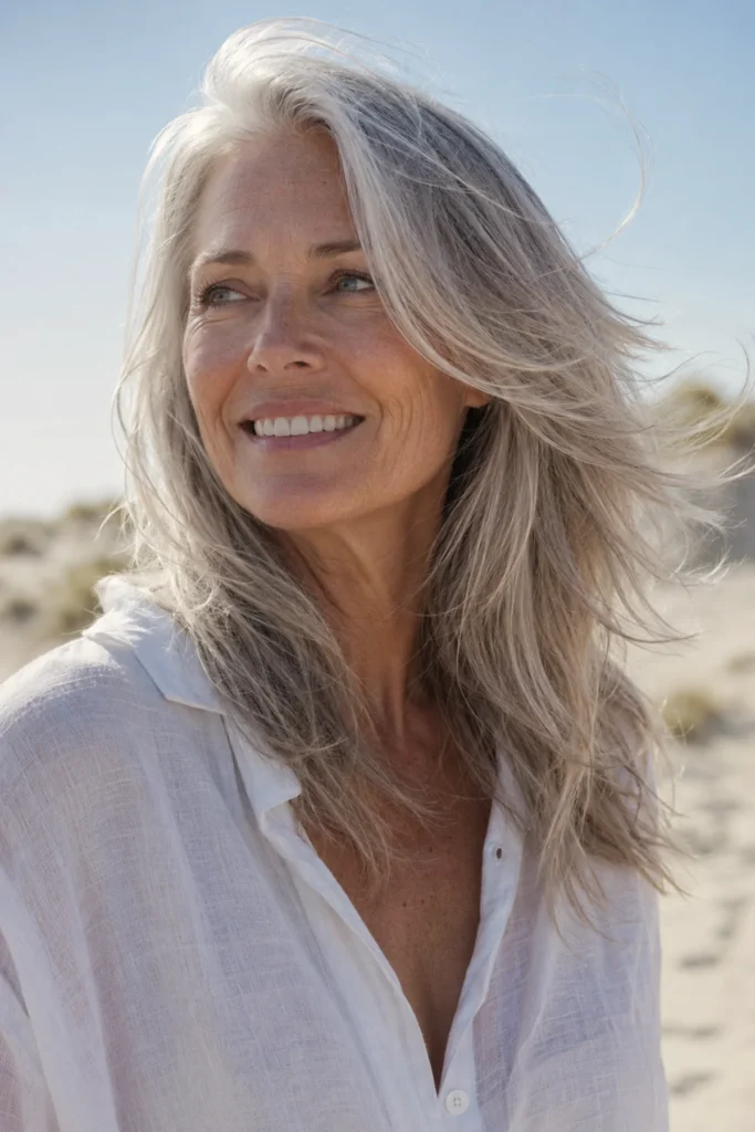 Long layered silver hair past the
collarbone with soft feathered layers
and natural movement