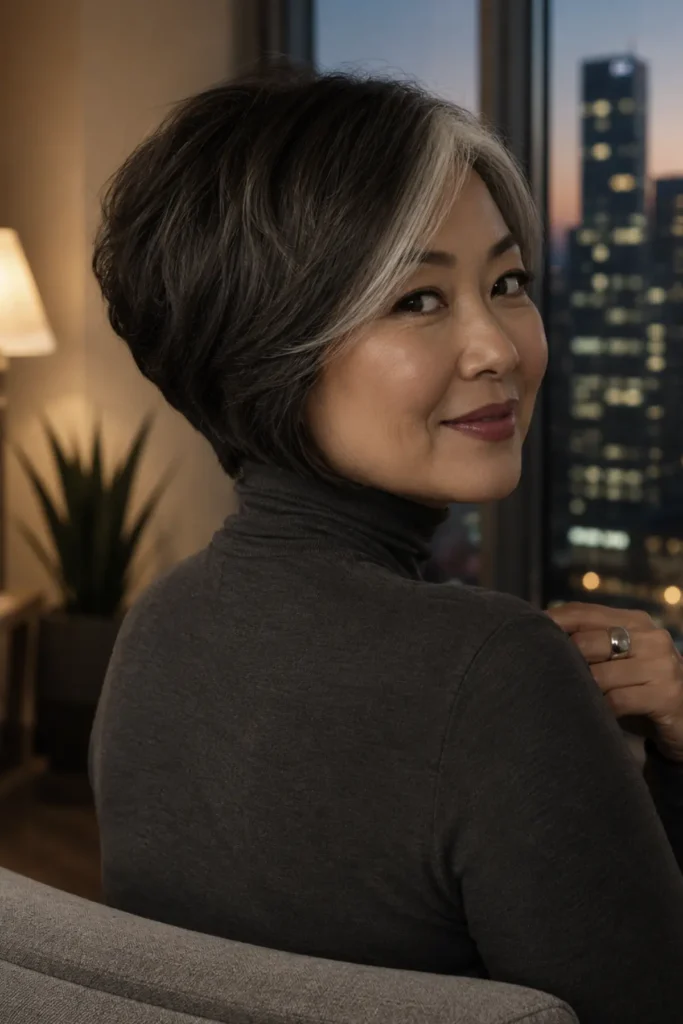 Stacked bob with height at the crown
and silver streak on a woman over 50
with thick hair, Seoul apartment