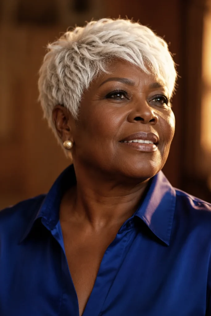 Short textured crop on thick white
hair with choppy interior layers and a
soft side-swept fringe