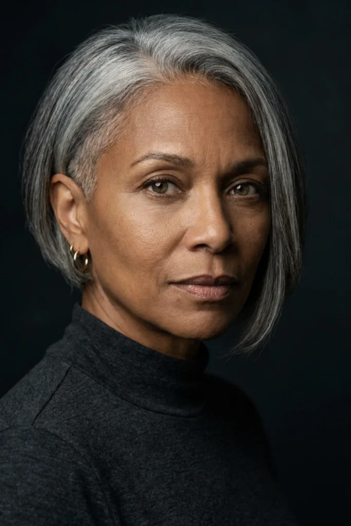 Stacked undercut bob on gray hair
with tapered nape and longer face-
framing front pieces falling below the
jaw