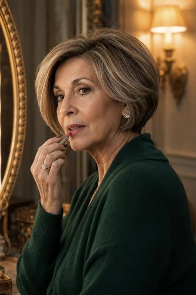 Volume bob blow-dried into a rounded
shape on a woman over 50 with fine
silver-brown hair
