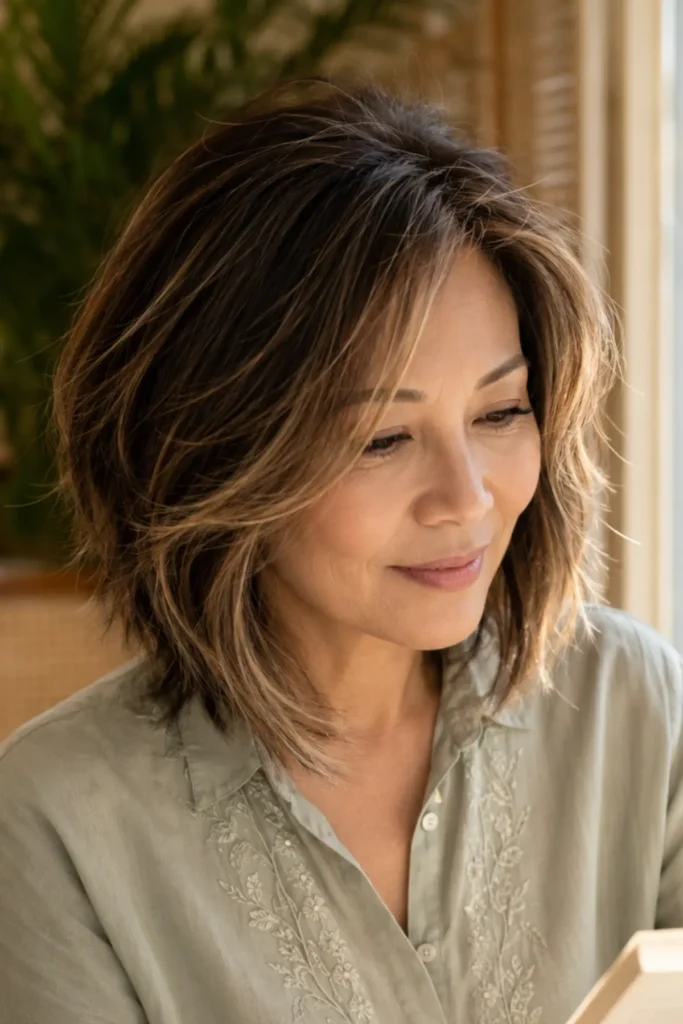 Wispy layered lob on fine straight
hair with honey balayage, woman over
50, warm café interior